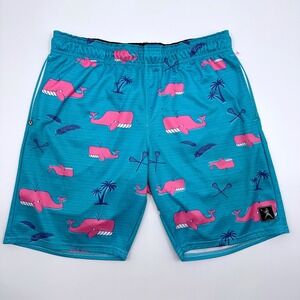 Lacrosse Unlimited Mens Whale Palm Tree Athletic Shorts Teal Pink Medium